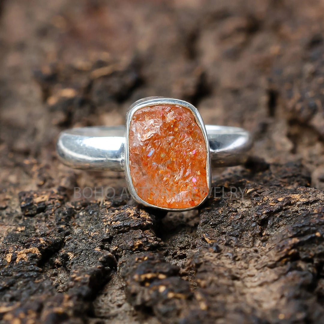 Raw Orange Sunstone Ring: Sterling Silver Boho Crystal Ring
