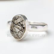 Raw Black Rutile Quartz Ring: Handmade 925 Sterling Silver Boho Ring