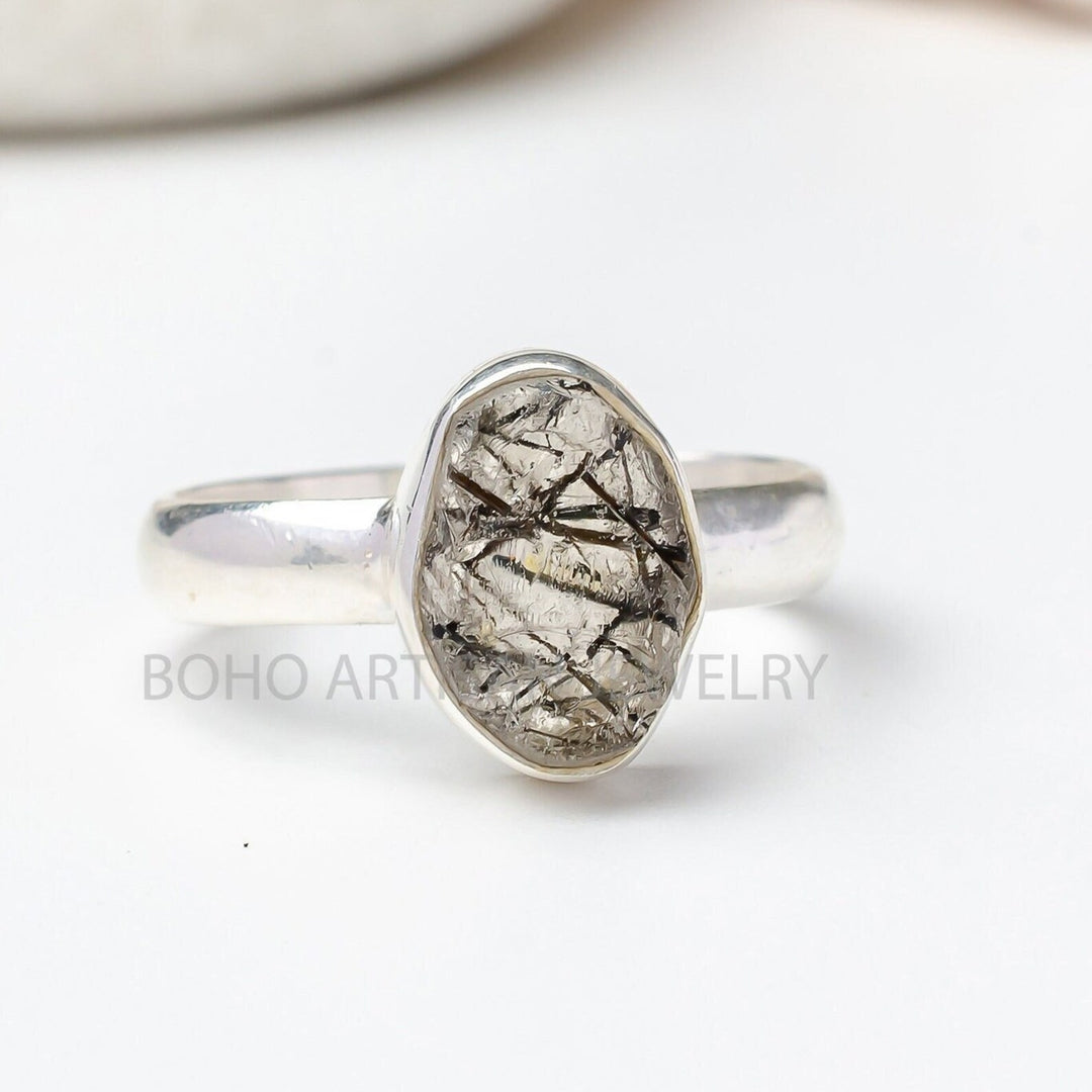 Raw Black Rutile Quartz Ring: Handmade 925 Sterling Silver Boho Ring