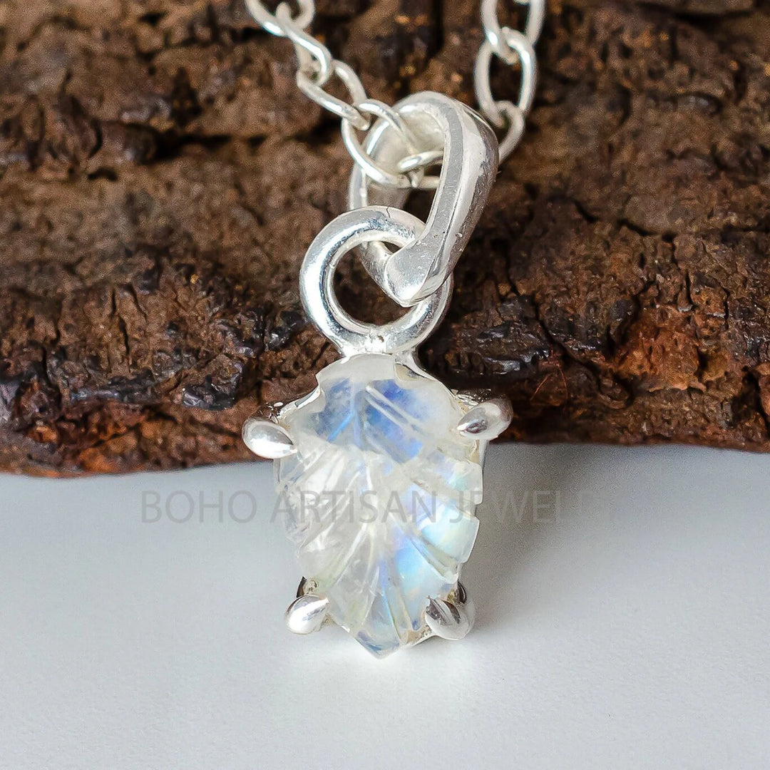 Carved Moonstone Pendant: 925 Sterling Silver, Raw Gemstone Jewelry