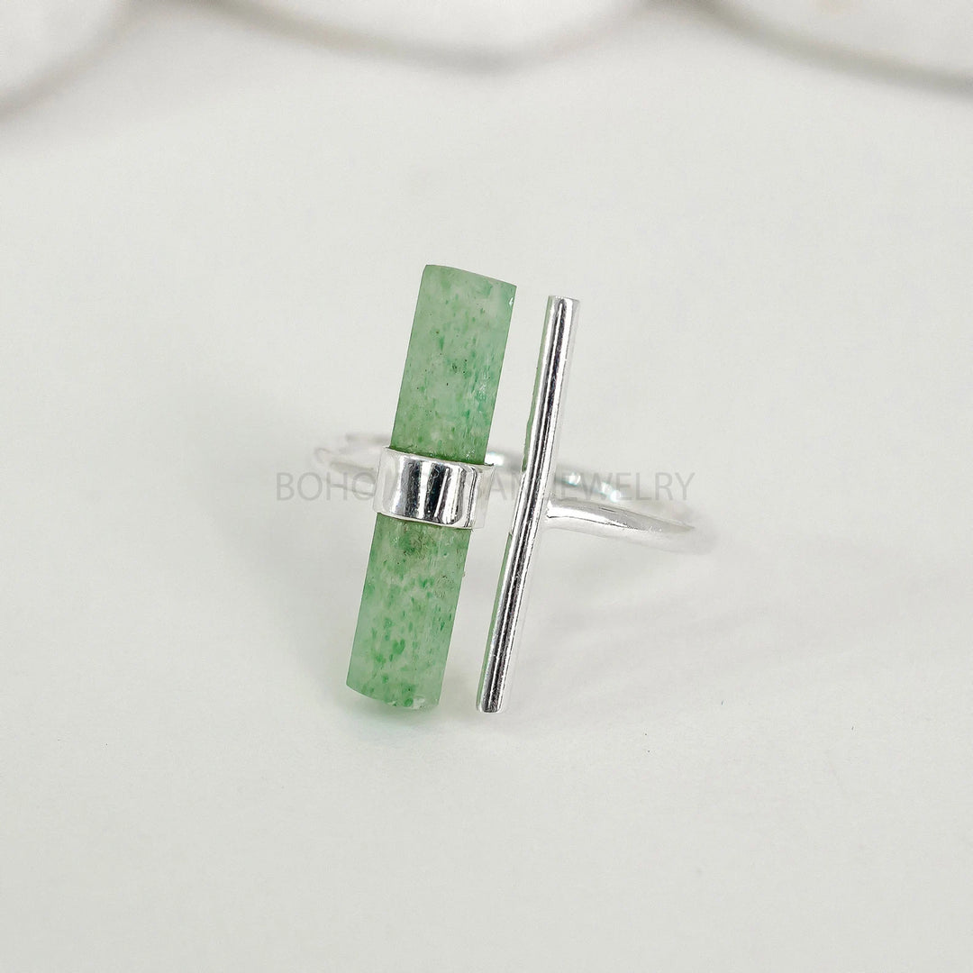 Raw Green Strawberry Quartz Ring: Sterling Silver Boho Ring