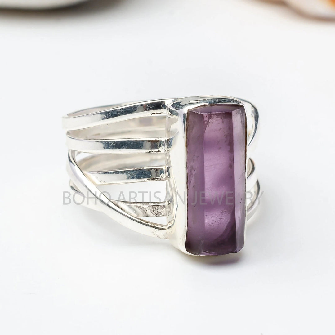 Raw Amethyst Spiral Ring, Amethyst Long Bar Ring, Natural Amethyst Stick Ring, February Birthstone, Raw Crystal Ring, Gift For Her