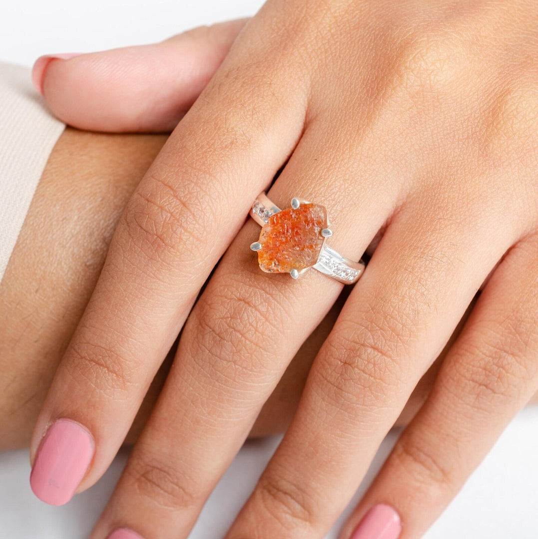 Raw Sunstone Ring: 925 Sterling Silver, Handmade Boho Jewelry