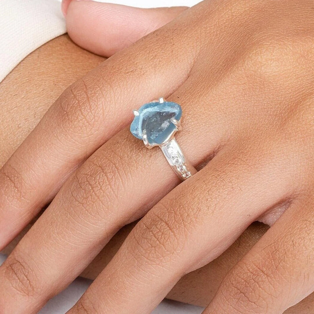Raw Aquamarine Ring: Sterling Silver & CZ Accent Band