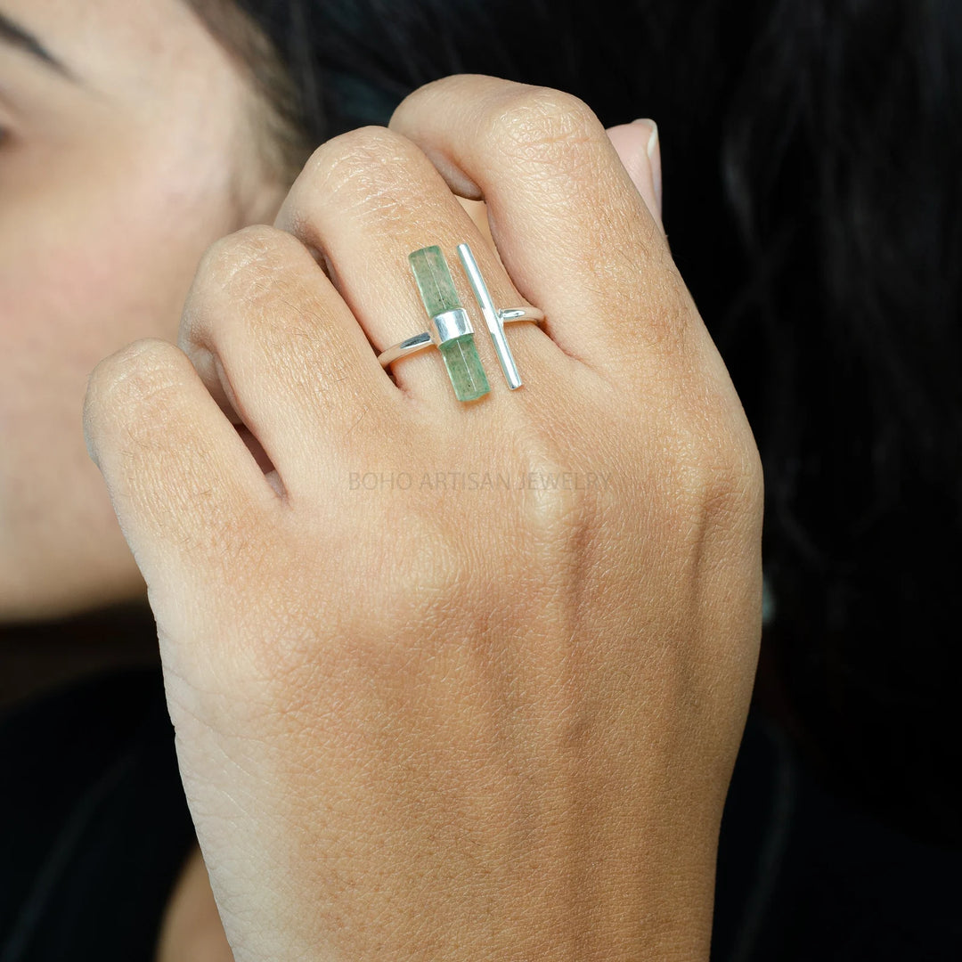 Raw Green Strawberry Quartz Ring: Sterling Silver Boho Ring