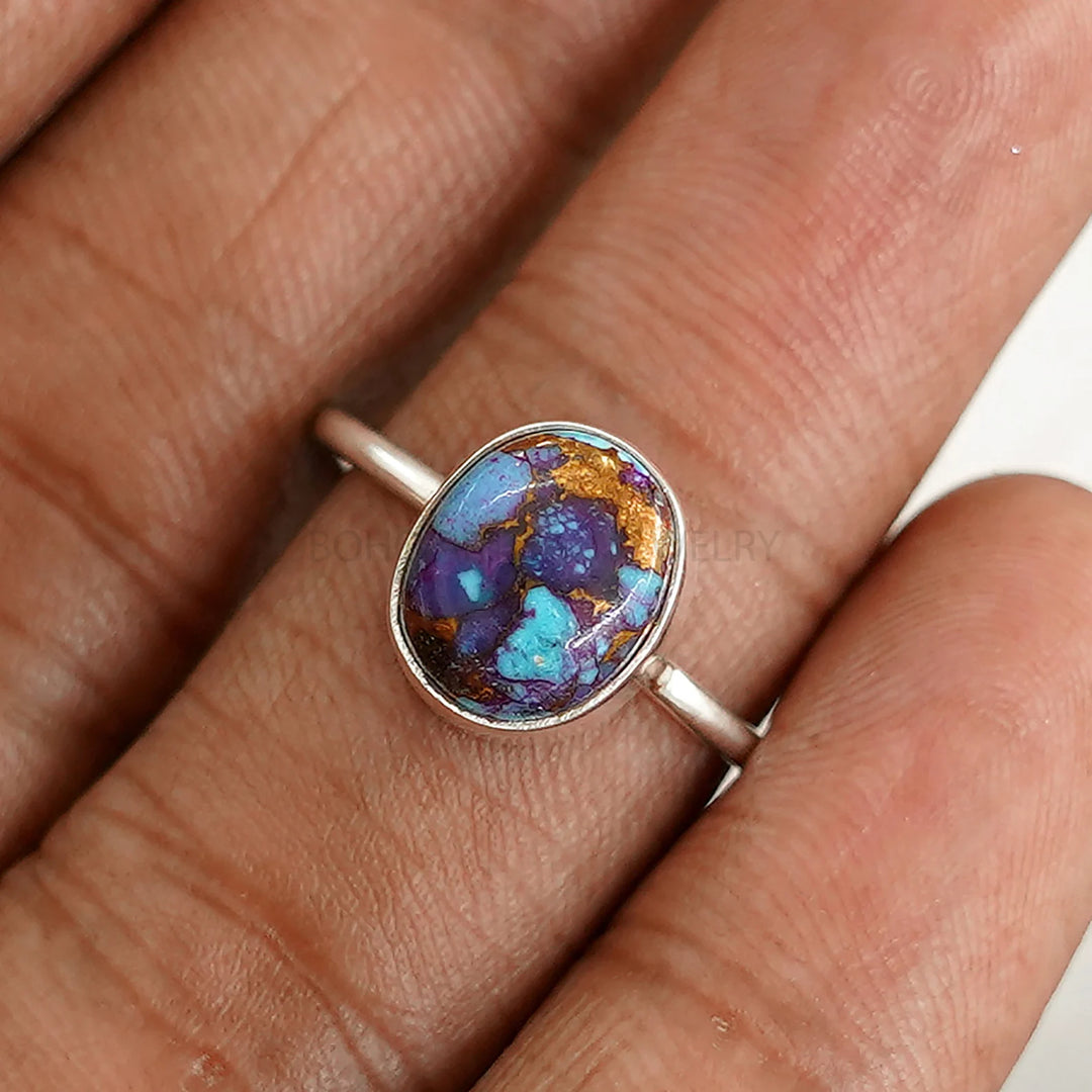 Handmade Sterling Silver Purple Copper Turquoise Ring: Adjustable Boho Jewelry