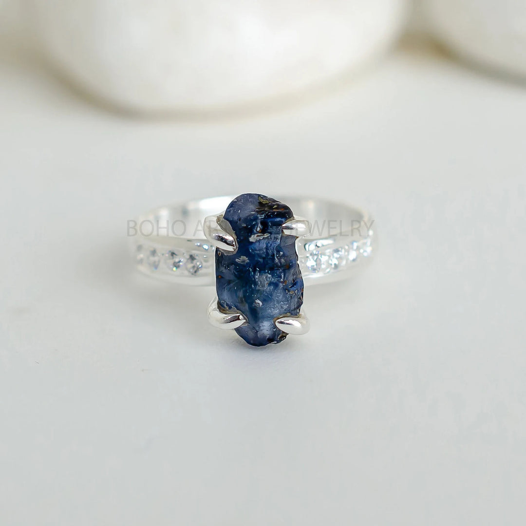 Raw Aquamarine Ring: Sterling Silver & CZ Accent Band