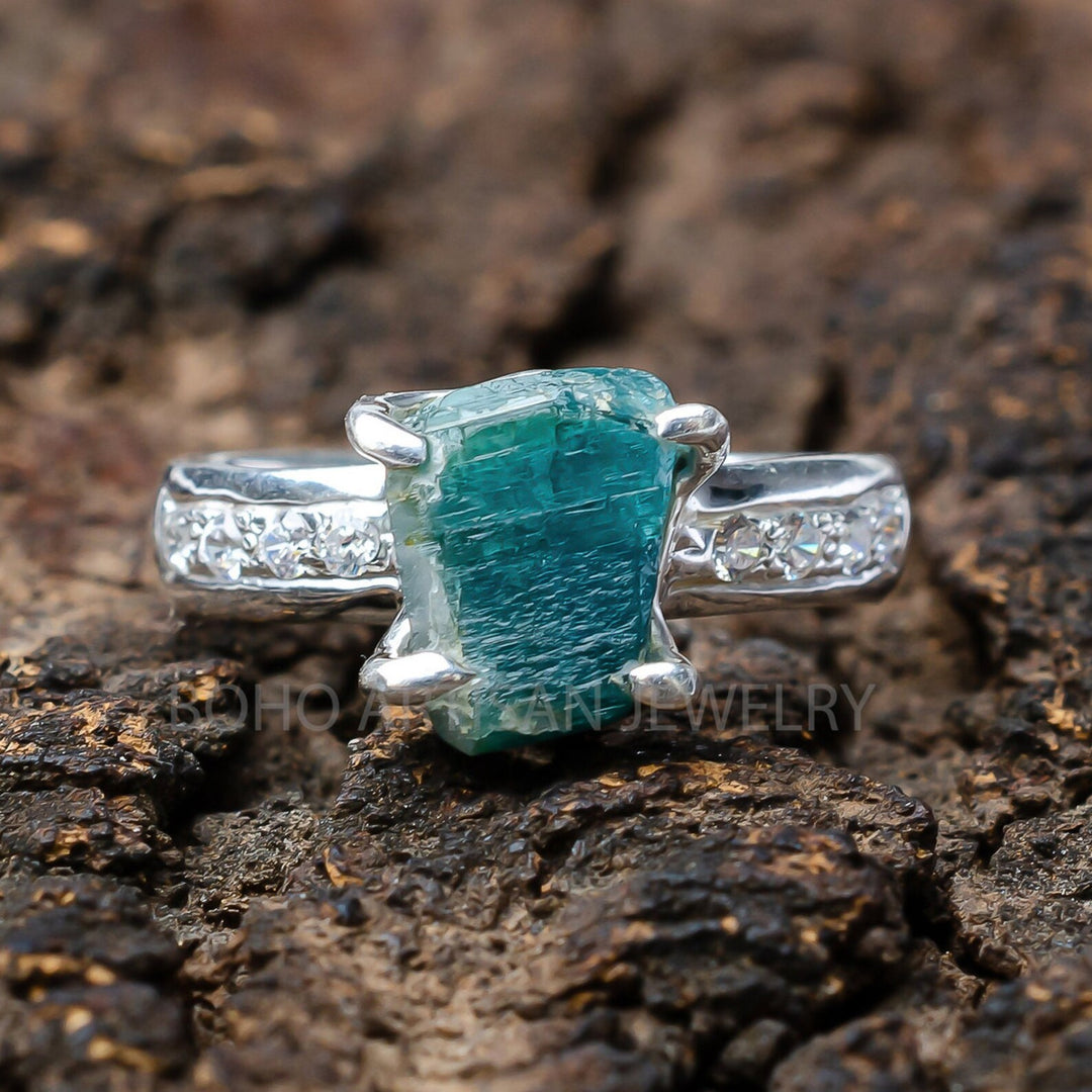 Raw Blue Tourmaline Ring: Sterling Silver Boho Jewelry, October Birthstone