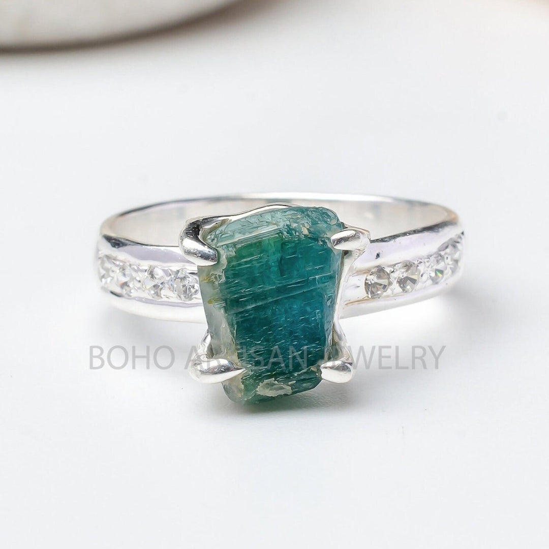 Raw Blue Tourmaline Ring: Sterling Silver Boho Jewelry, October Birthstone