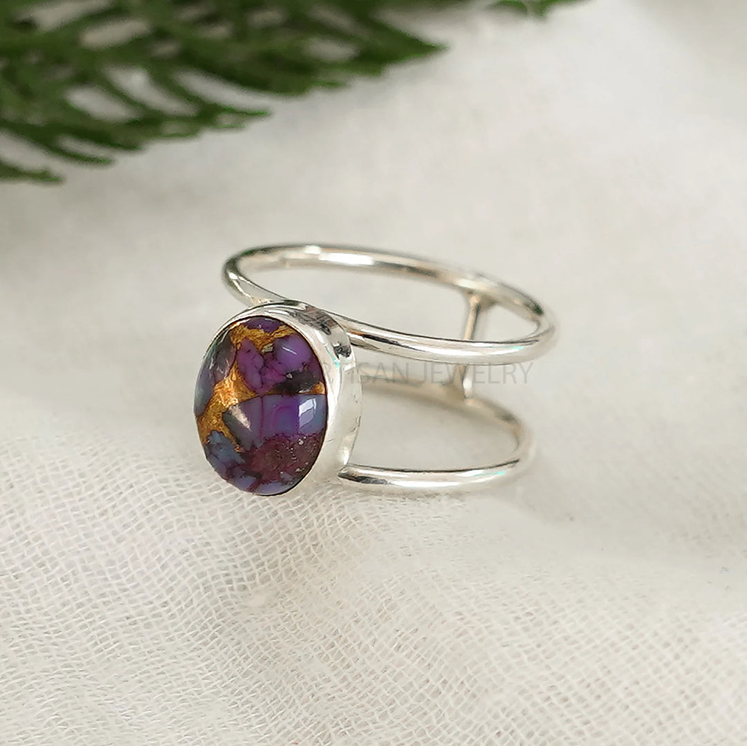 Oyster Purple Copper Turquoise Ring: Sterling Silver Double Band, Boho Jewelry
