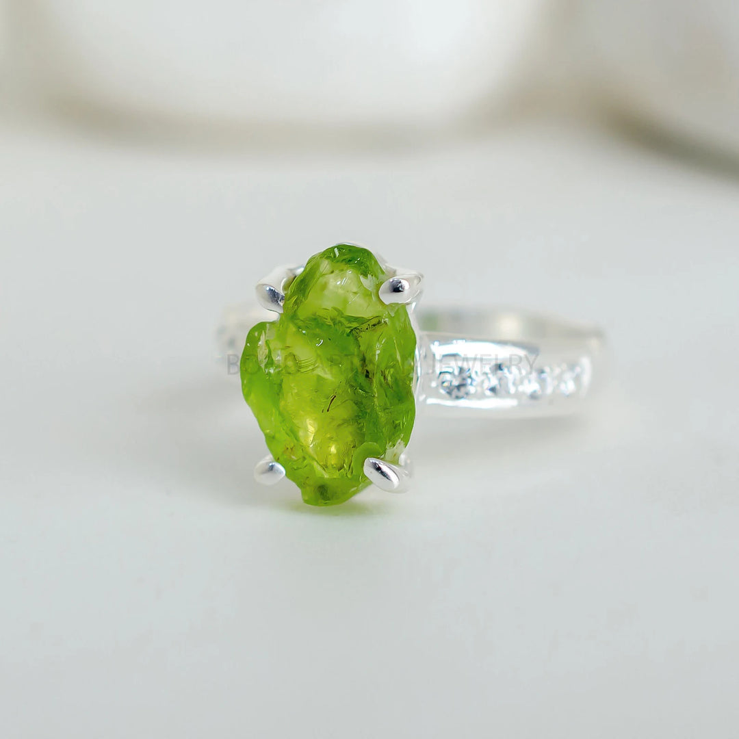Raw Peridot Ring: Sterling Silver Green Gemstone Statement Jewelry