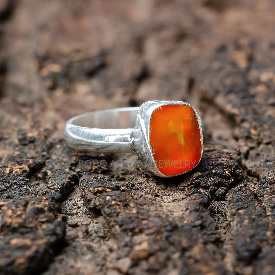Raw Orange Fire Opal Ring: Sterling Silver Boho Jewelry