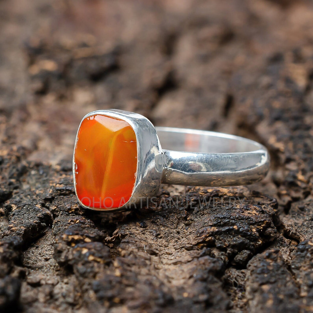 Raw Orange Fire Opal Ring: Sterling Silver Boho Jewelry