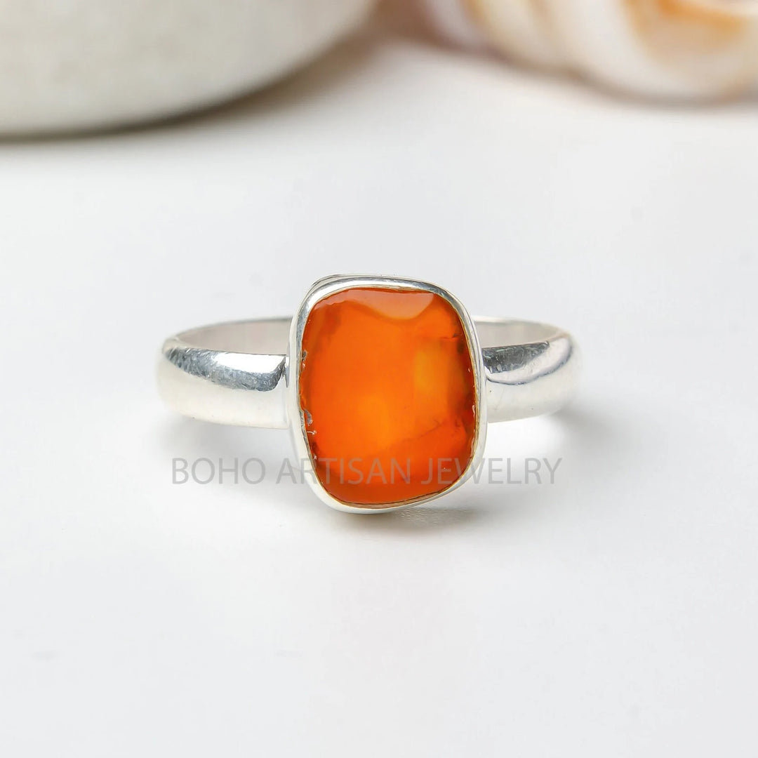 Raw Orange Fire Opal Ring: Sterling Silver Boho Jewelry