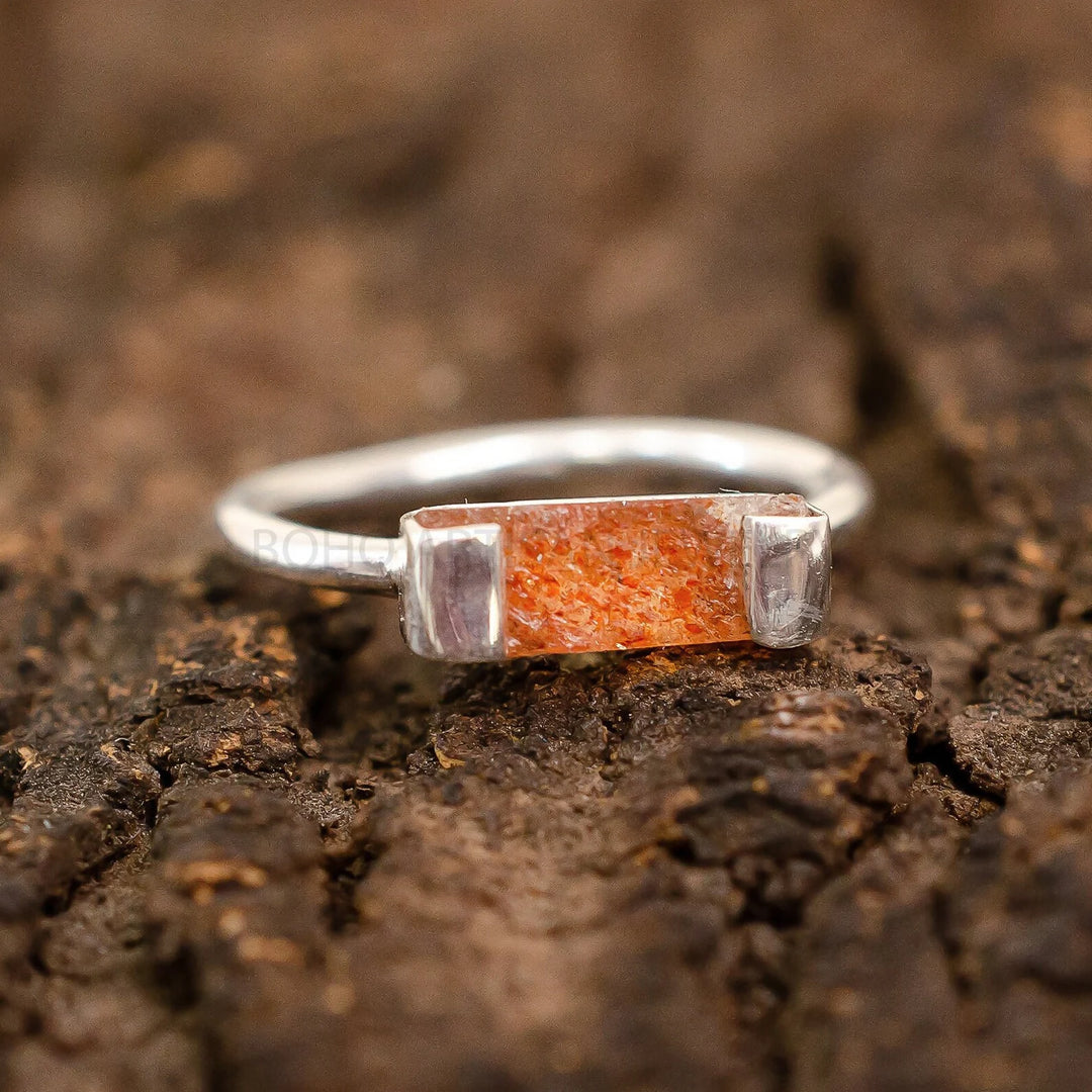 Raw Sunstone Bar Ring: Sterling Silver Boho Jewelry