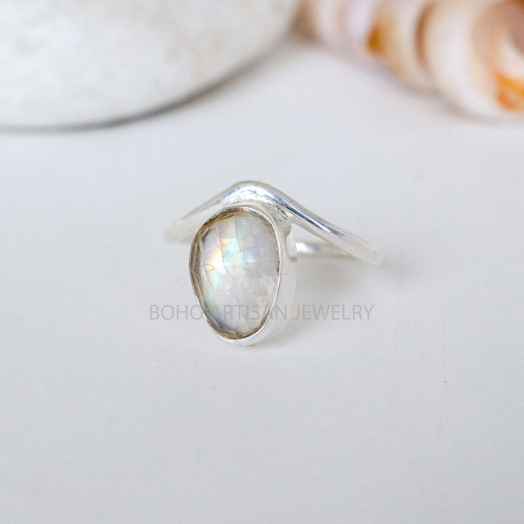 Rainbow Moonstone Ring: Rose Cut Sterling Silver Boho Jewelry