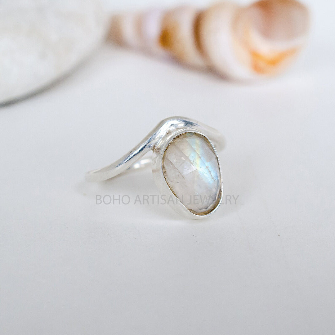 Rainbow Moonstone Ring: Rose Cut Sterling Silver Boho Jewelry