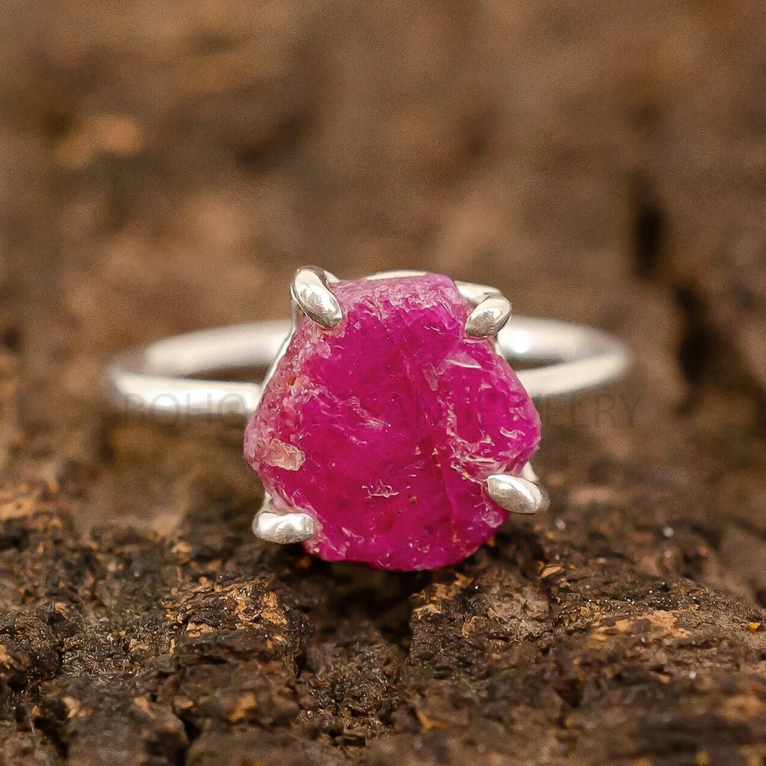 Raw Ruby Hexagon Ring: Sterling Silver Boho Crystal Jewelry