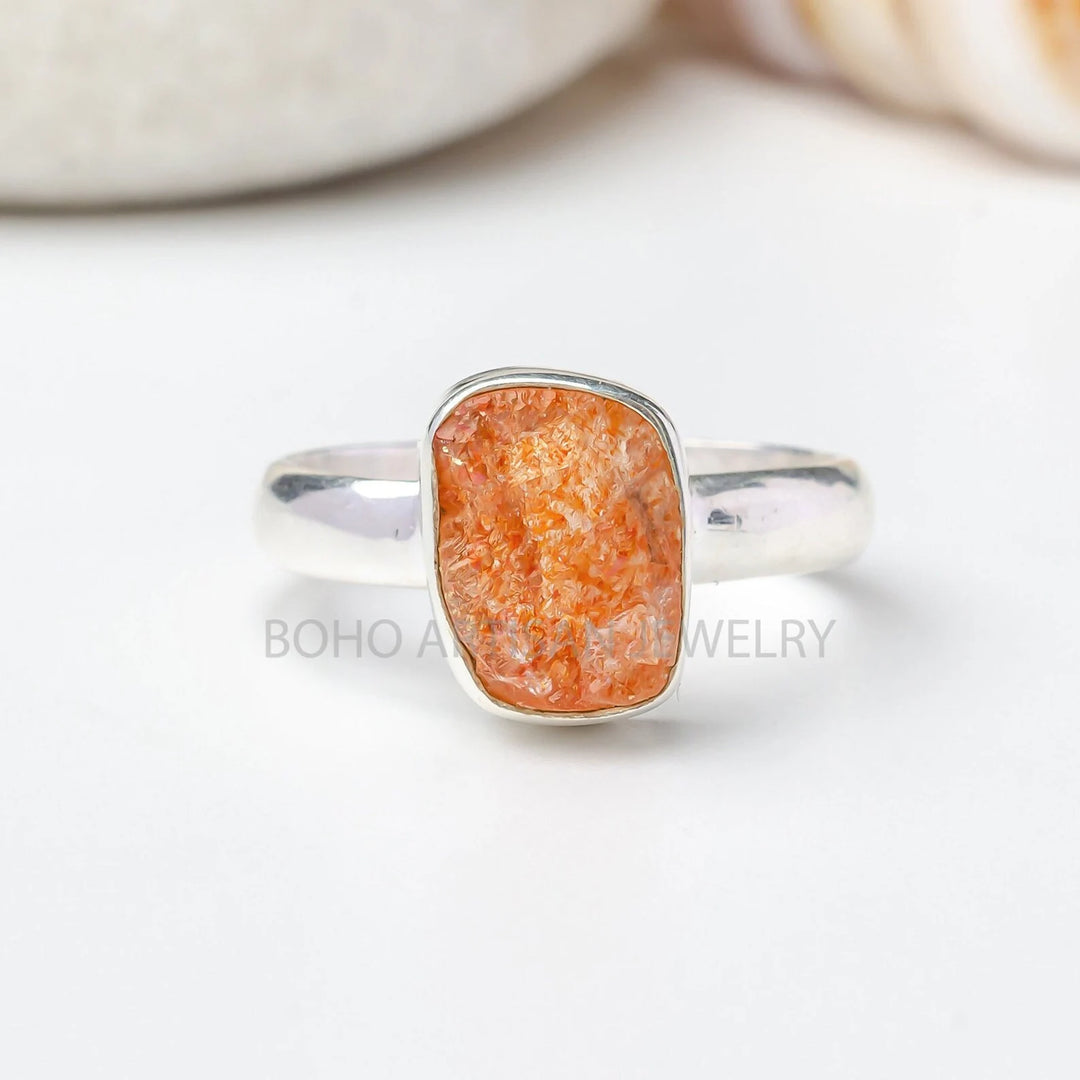Raw Orange Sunstone Ring: Sterling Silver Boho Crystal Ring