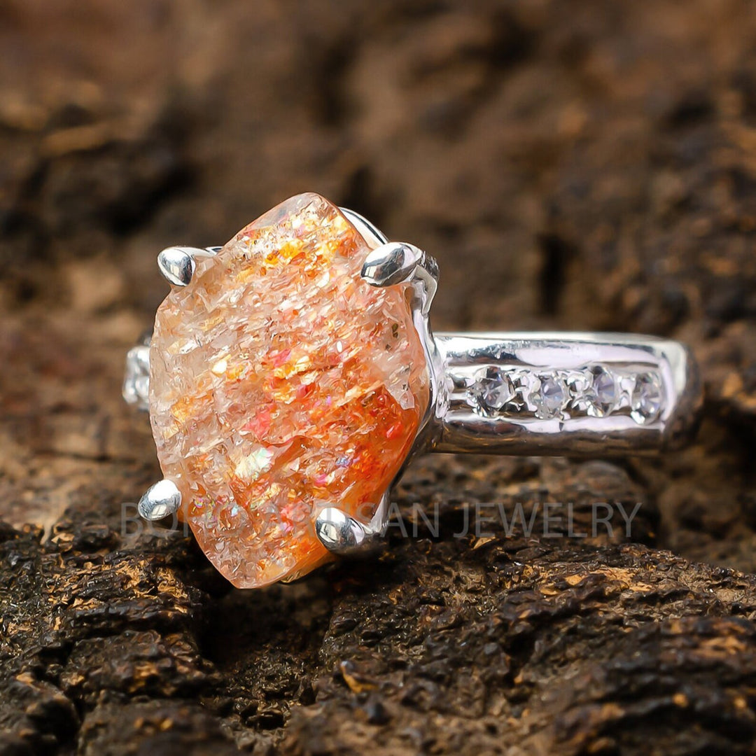 Raw Sunstone Ring: 925 Sterling Silver, Handmade Boho Jewelry
