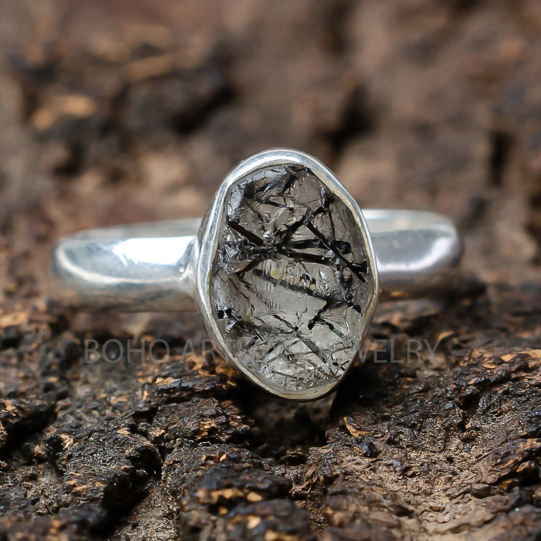 Raw Black Rutile Quartz Ring: Handmade 925 Sterling Silver Boho Ring