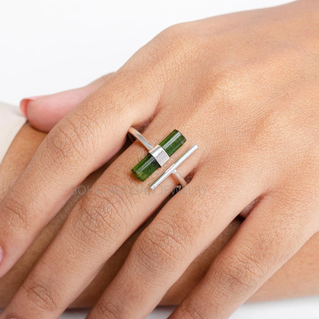 Raw Green Tourmaline Stick Ring, T Ring, Adjustable Bar Ring, Tourmaline Stick Ring, October Birthstone, Raw Crystal Ring, Gift for Her