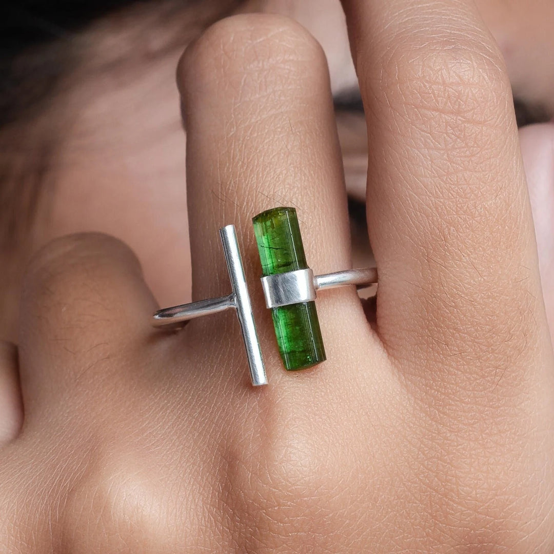Raw Green Tourmaline Stick Ring, T Ring, Adjustable Bar Ring, Tourmaline Stick Ring, October Birthstone, Raw Crystal Ring, Gift for Her