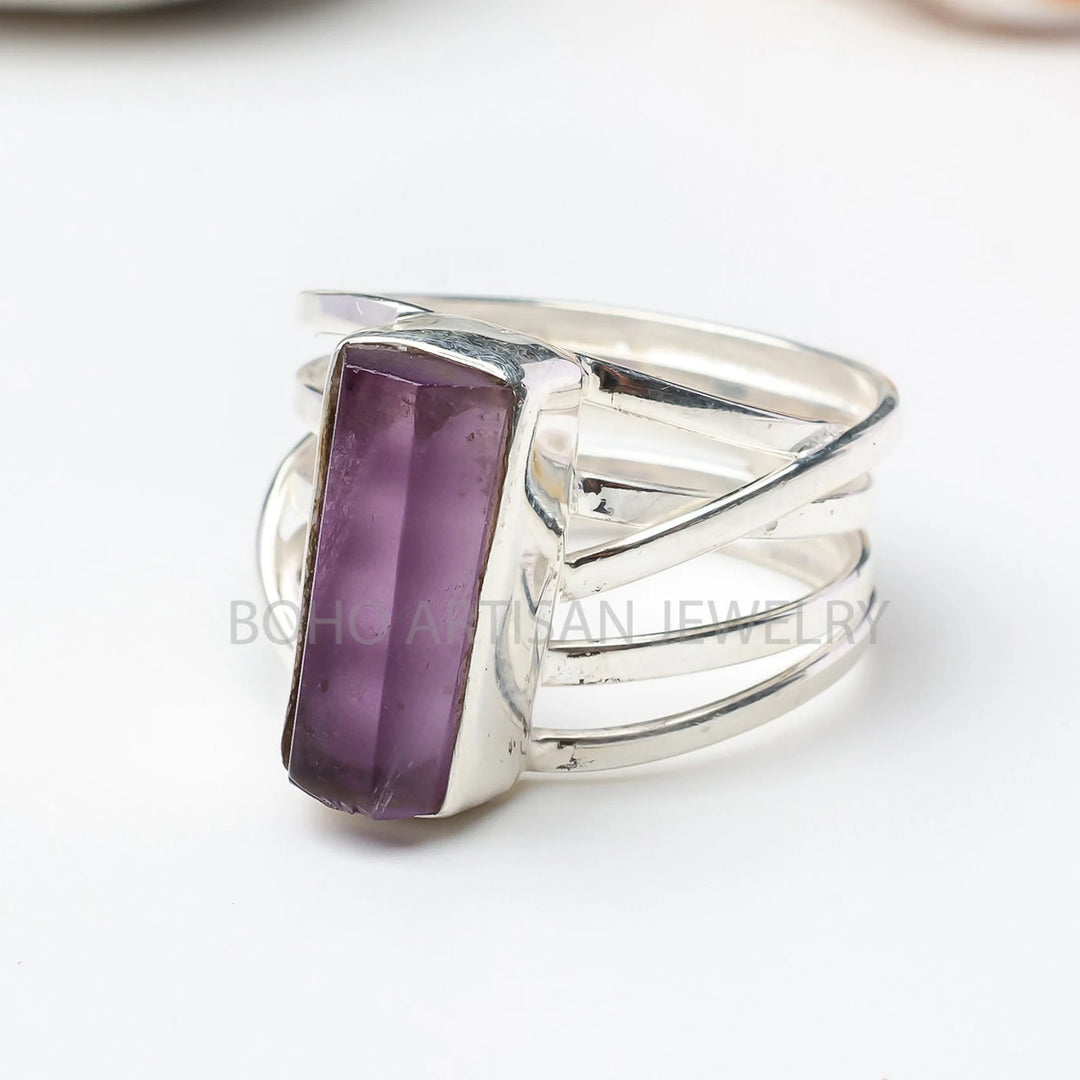 Raw Amethyst Spiral Ring, Amethyst Long Bar Ring, Natural Amethyst Stick Ring, February Birthstone, Raw Crystal Ring, Gift For Her