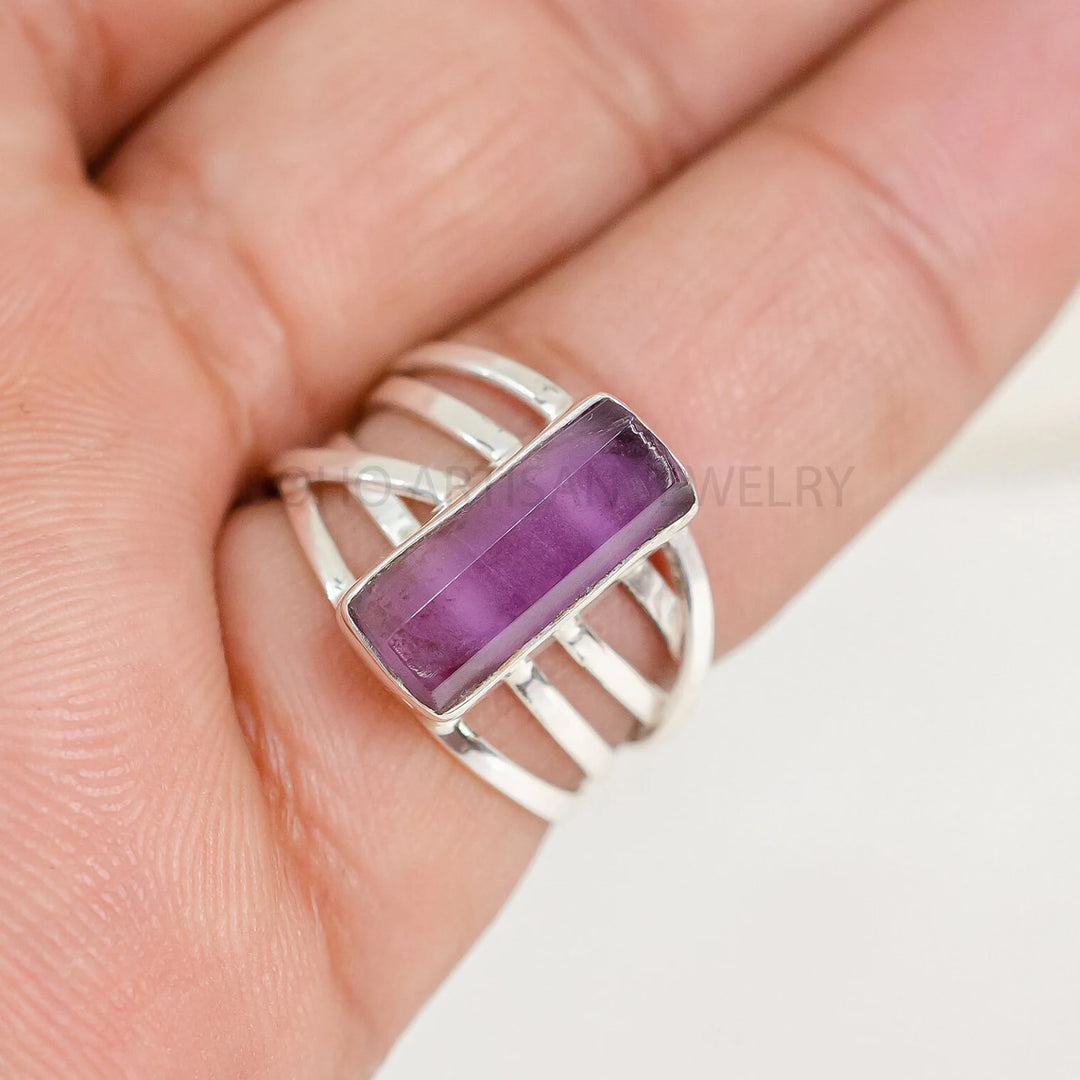 Raw Amethyst Spiral Ring, Amethyst Long Bar Ring, Natural Amethyst Stick Ring, February Birthstone, Raw Crystal Ring, Gift For Her