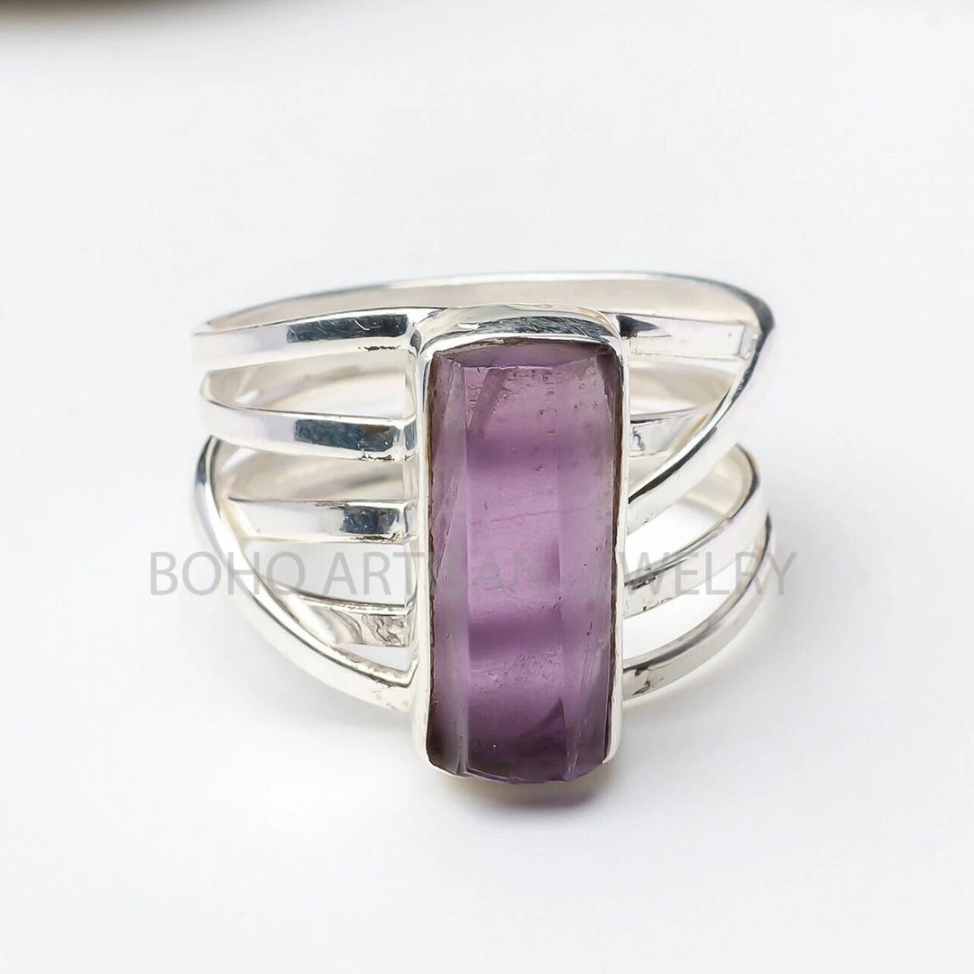 Raw Amethyst Spiral Ring, Amethyst Long Bar Ring, Natural Amethyst Stick Ring, February Birthstone, Raw Crystal Ring, Gift For Her