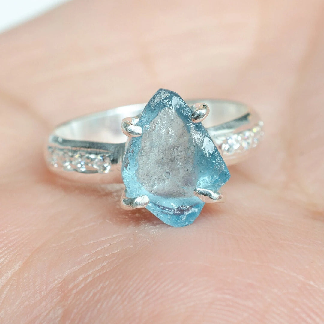 Raw Aquamarine Ring: Sterling Silver & CZ Accent Band