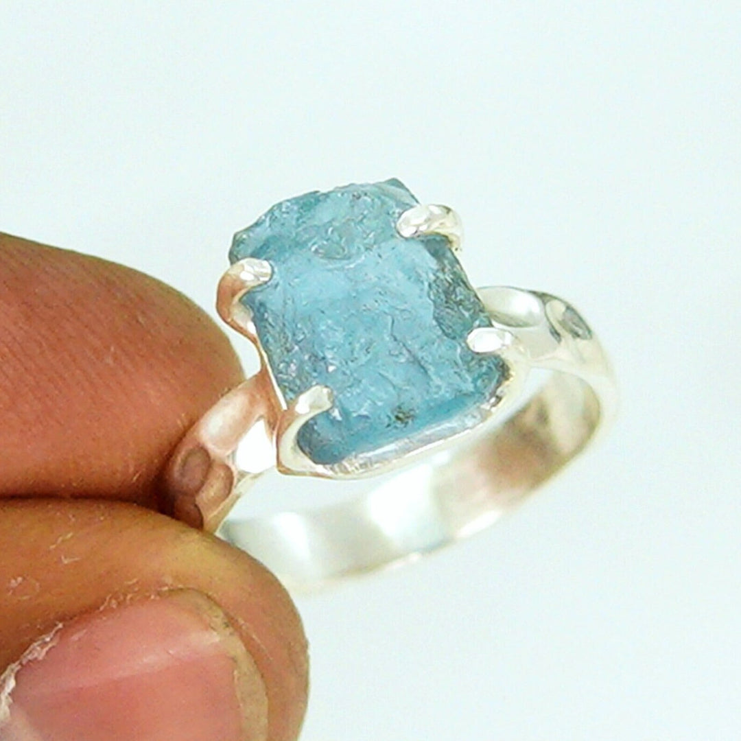Raw Aquamarine Ring: Hammered Sterling Silver Textured Band