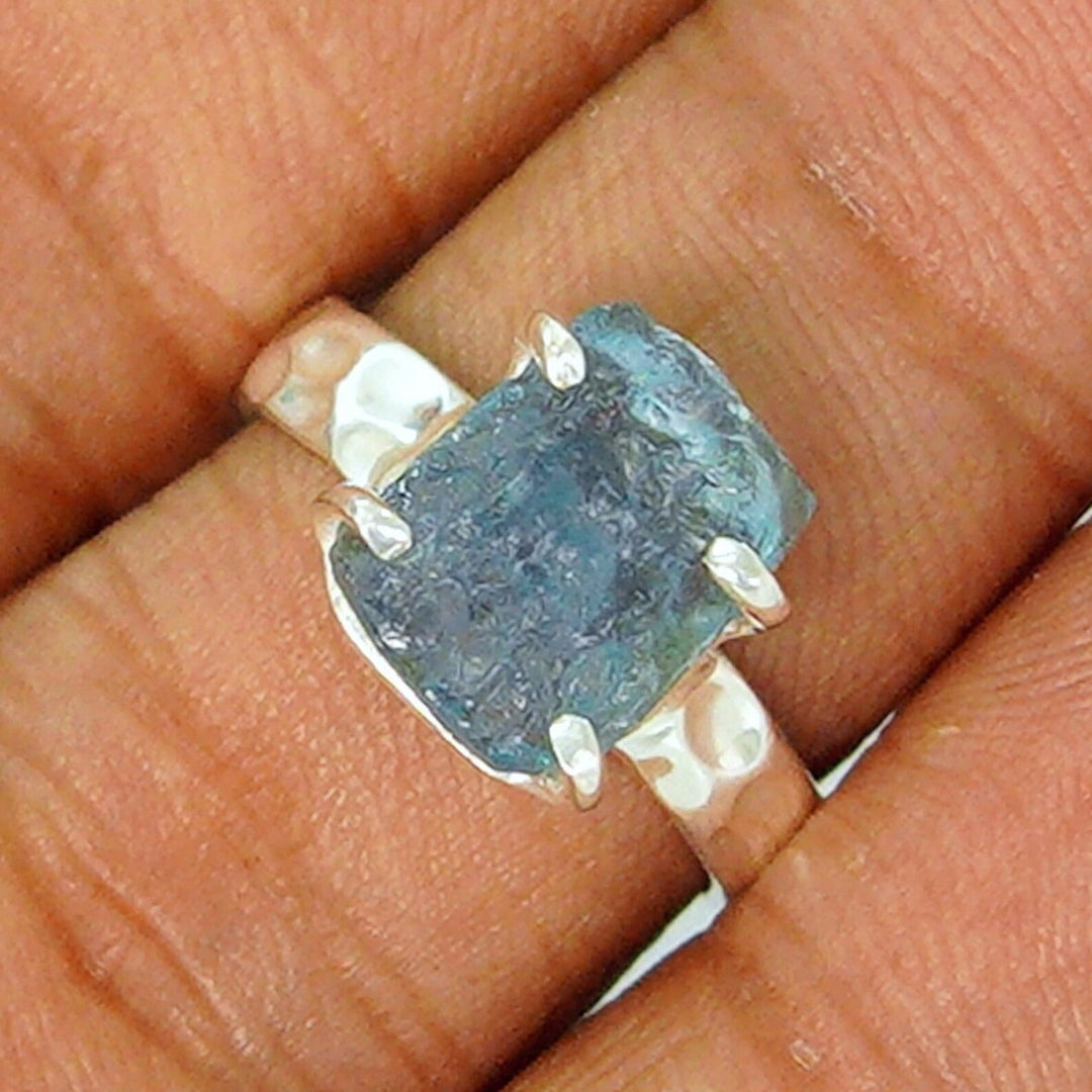 Raw Aquamarine Ring: Hammered Sterling Silver Textured Band
