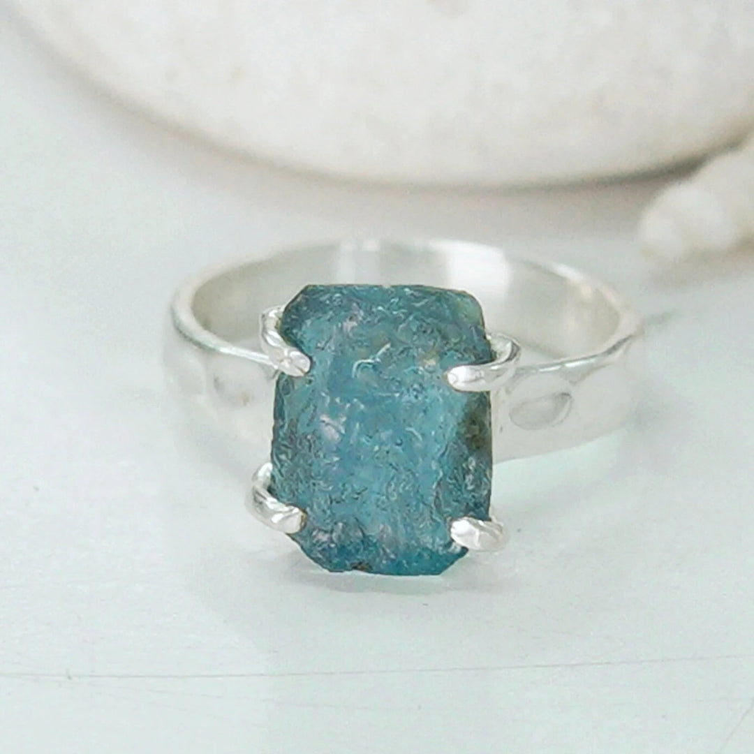 Raw Aquamarine Ring: Hammered Sterling Silver Textured Band