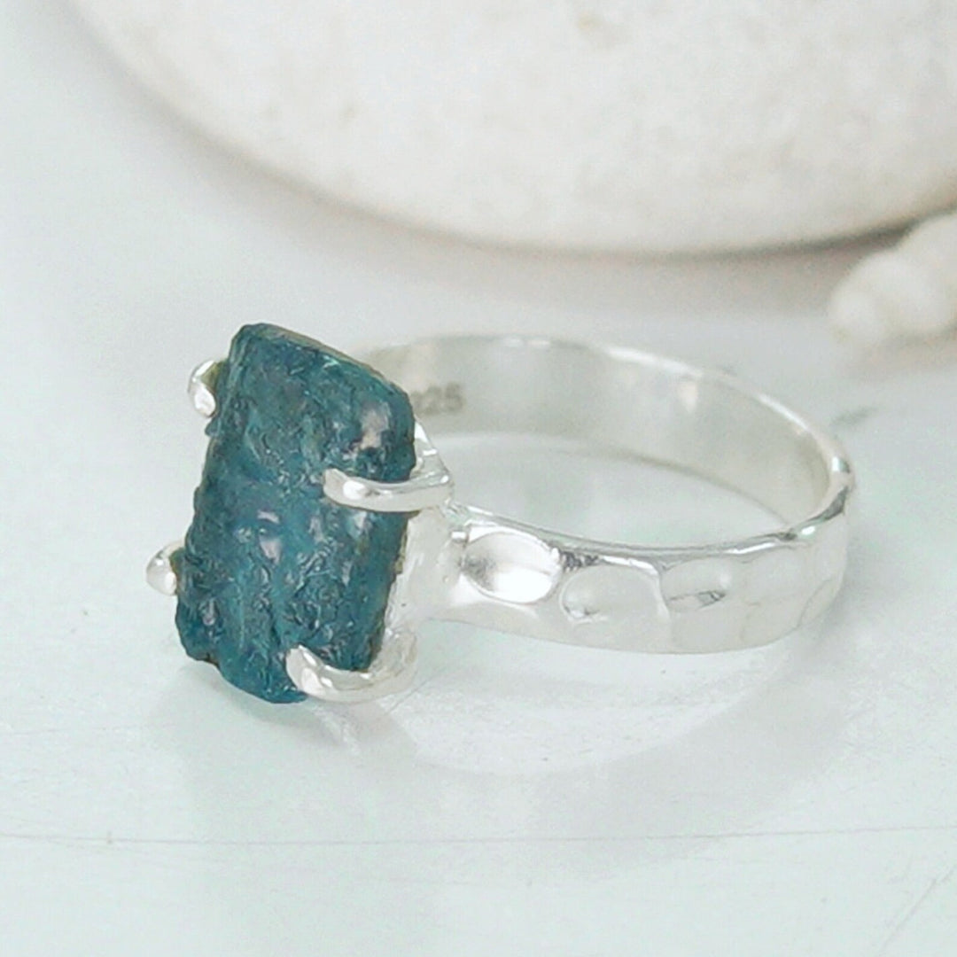 Raw Aquamarine Ring: Hammered Sterling Silver Textured Band