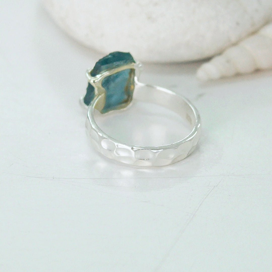 Raw Aquamarine Ring: Hammered Sterling Silver Textured Band