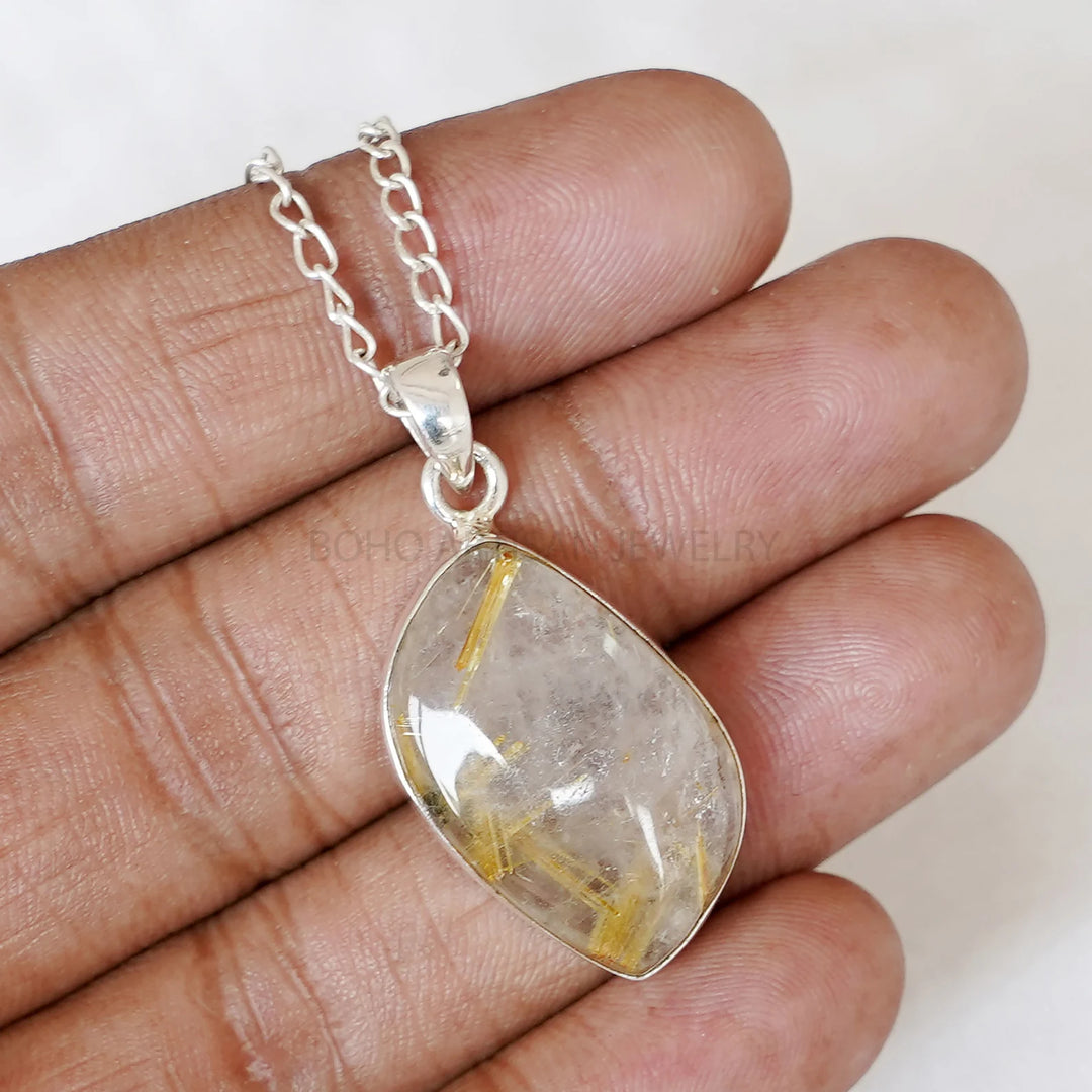 Golden Rutile Quartz Pendant, Natural Rutile Quartz Pendant, Rutilated Quartz Cabochon Ring, Handmade Ring, Boho Ring, Birthstone Ring, Gift