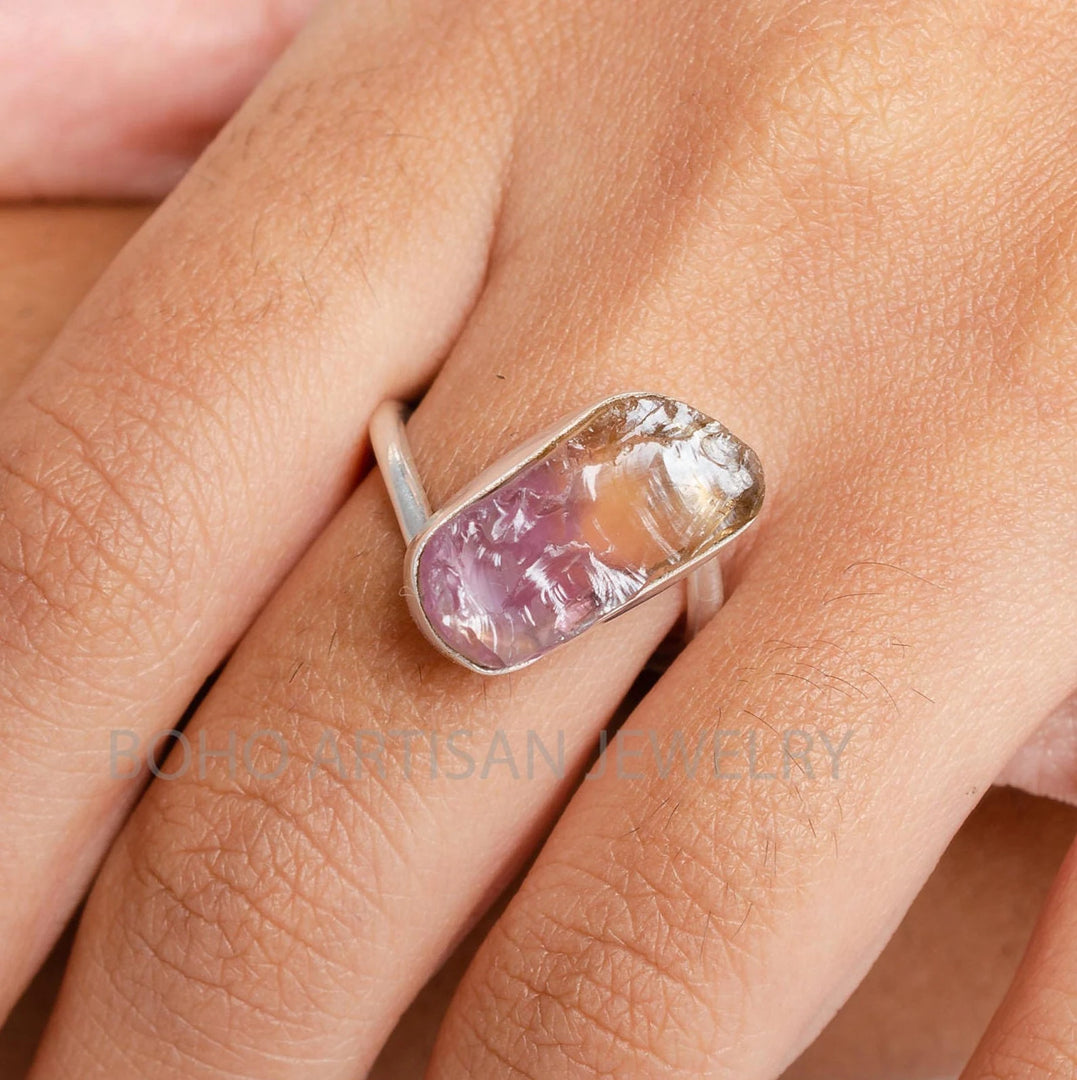 Raw Ametrine Crystal Ring: Sterling Silver Boho Jewelry