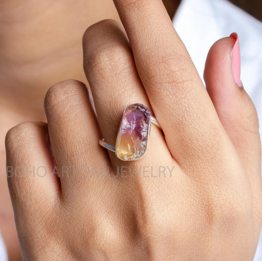 Raw Ametrine Crystal Ring: Sterling Silver Boho Jewelry