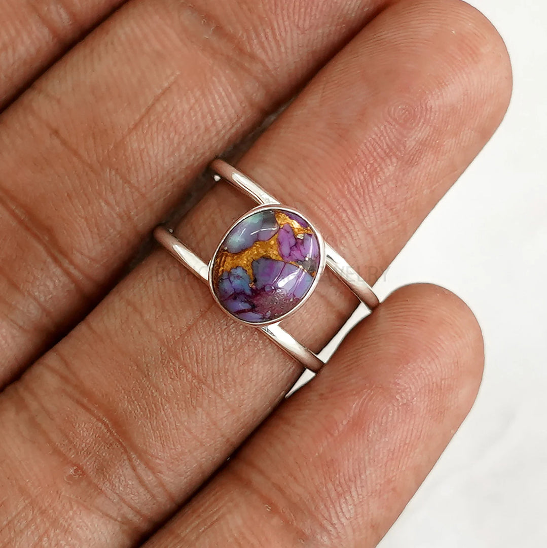 Oyster Purple Copper Turquoise Ring: Sterling Silver Double Band, Boho Jewelry