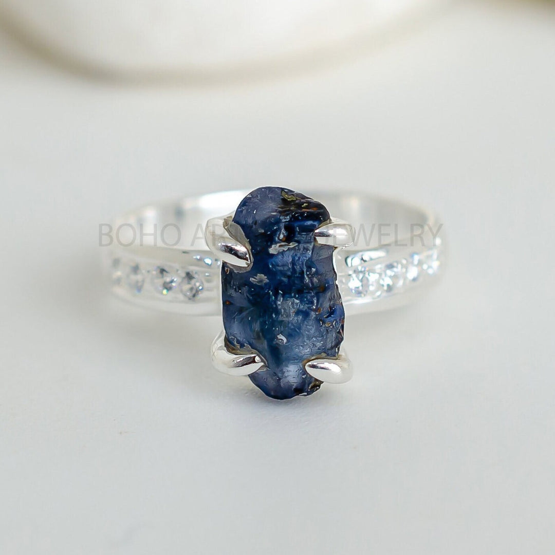 Raw Aquamarine Sterling Silver Ring: Rough Stone & CZ Accent