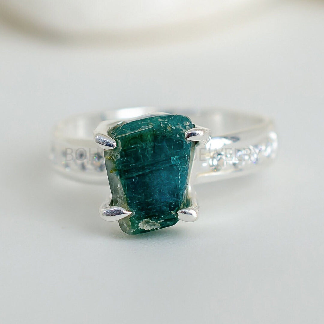 Raw Aquamarine Sterling Silver Ring: Rough Stone & CZ Accent