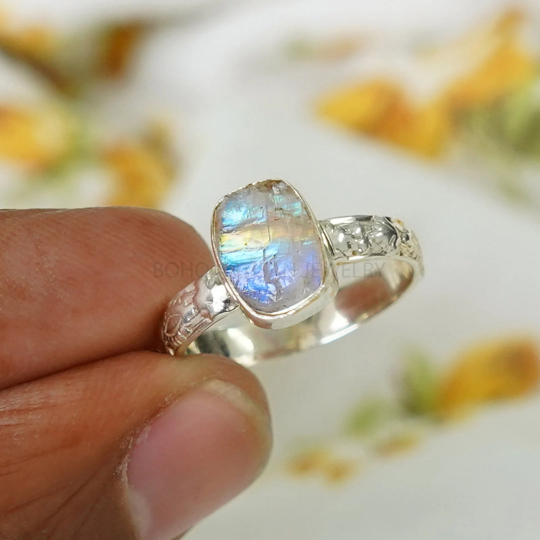 Raw Moonstone Ring: Floral Sterling Silver Band, Handmade Gemstone Jewelry