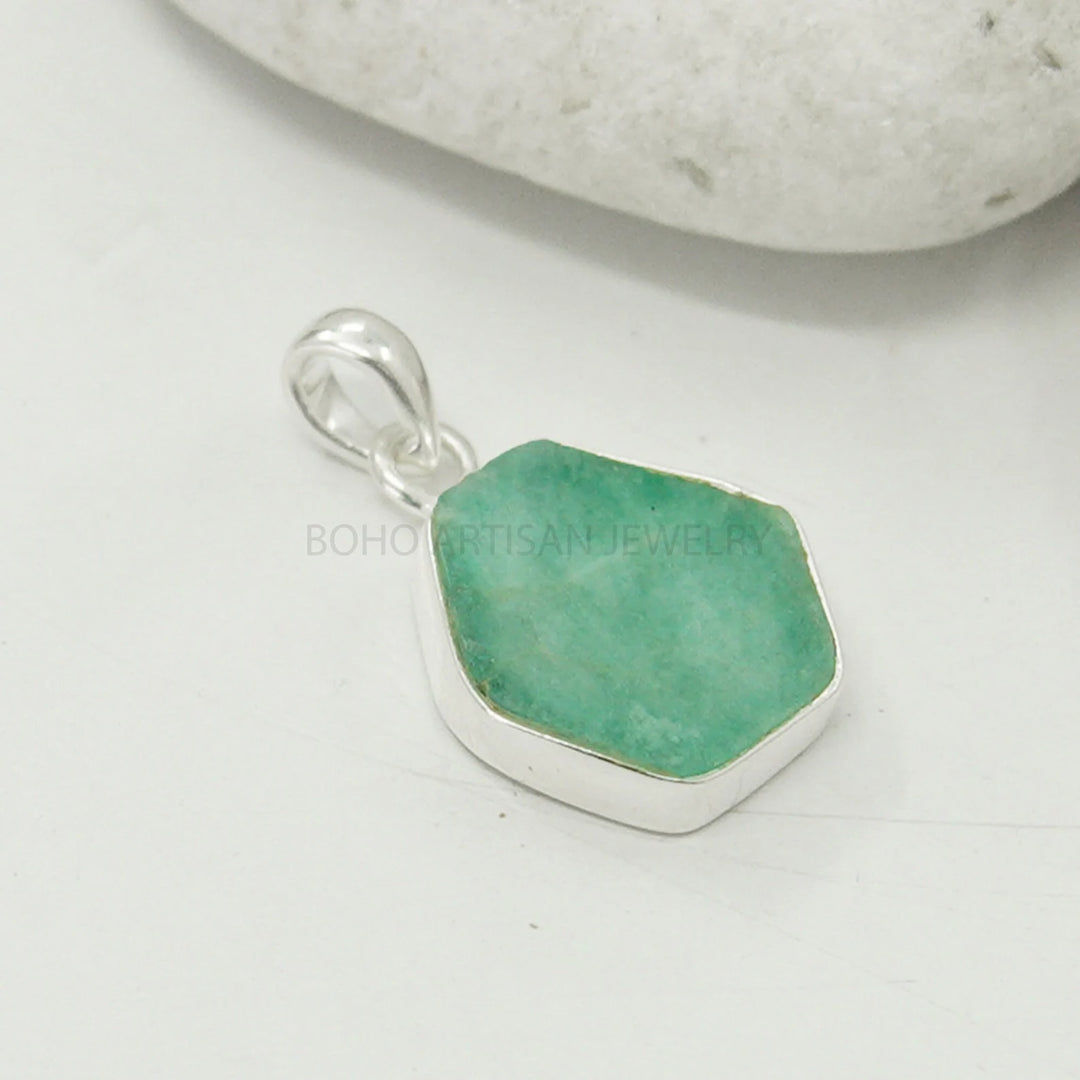 Emerald Slice Pendant: Sterling Silver, Raw Crystal, Boho Necklace