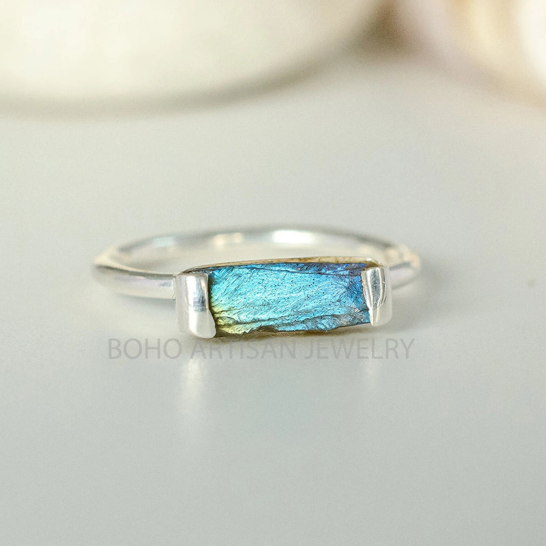 Raw Moonstone Bar Ring: Sterling Silver Stackable Jewelry