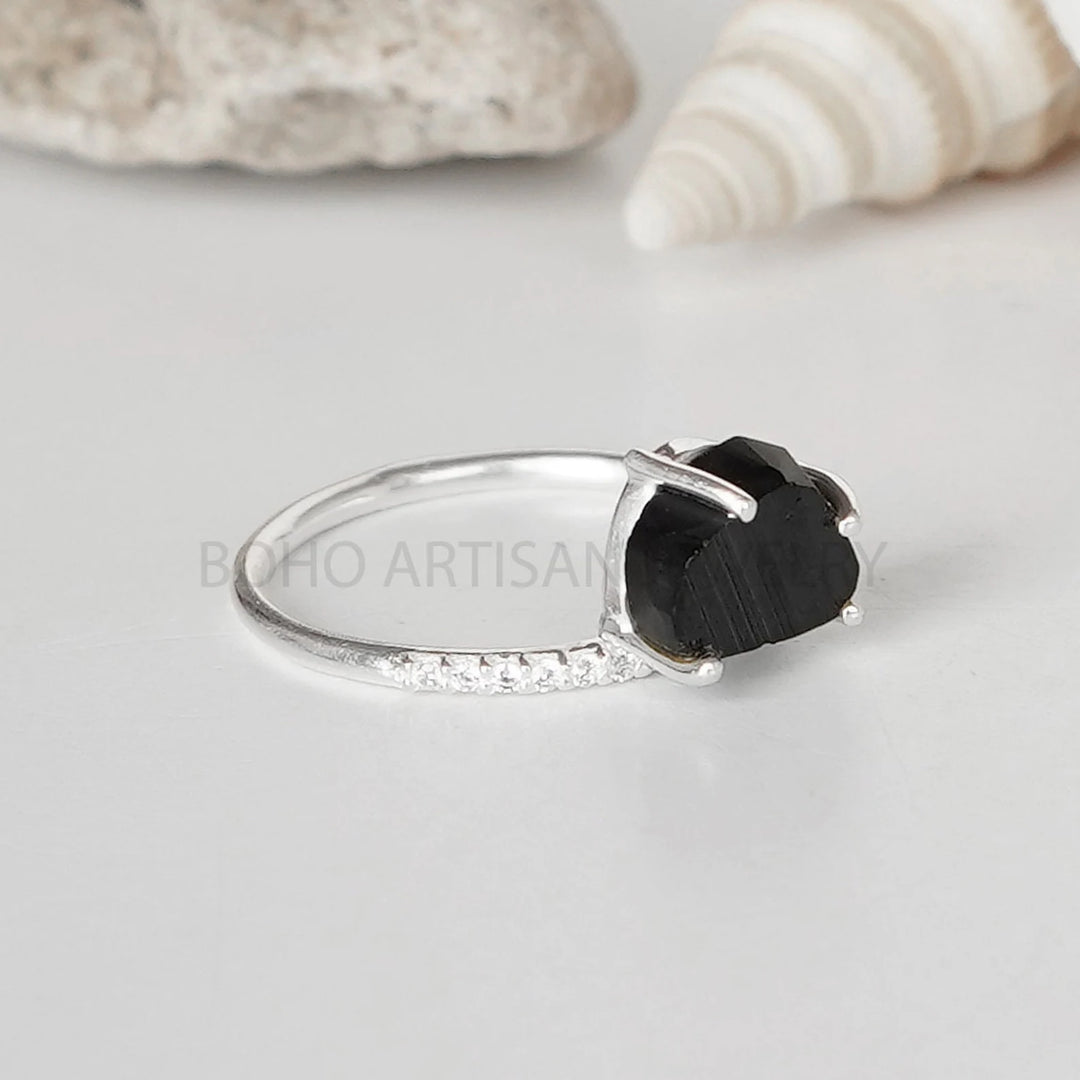 Raw Black Tourmaline Ring: Dainty Sterling Silver Band, October Birthstone