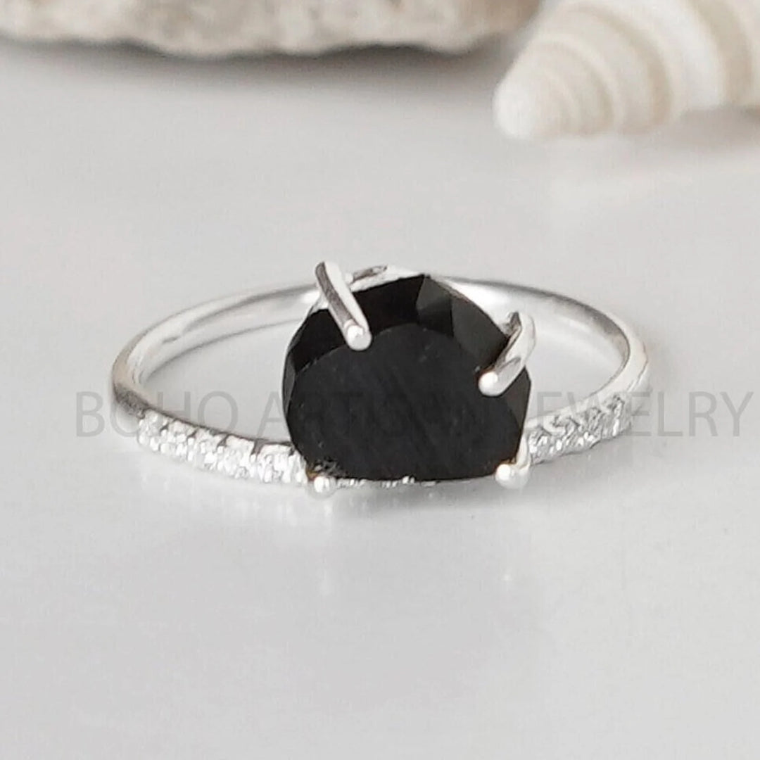 Raw Black Tourmaline Ring: Dainty Sterling Silver Band, October Birthstone