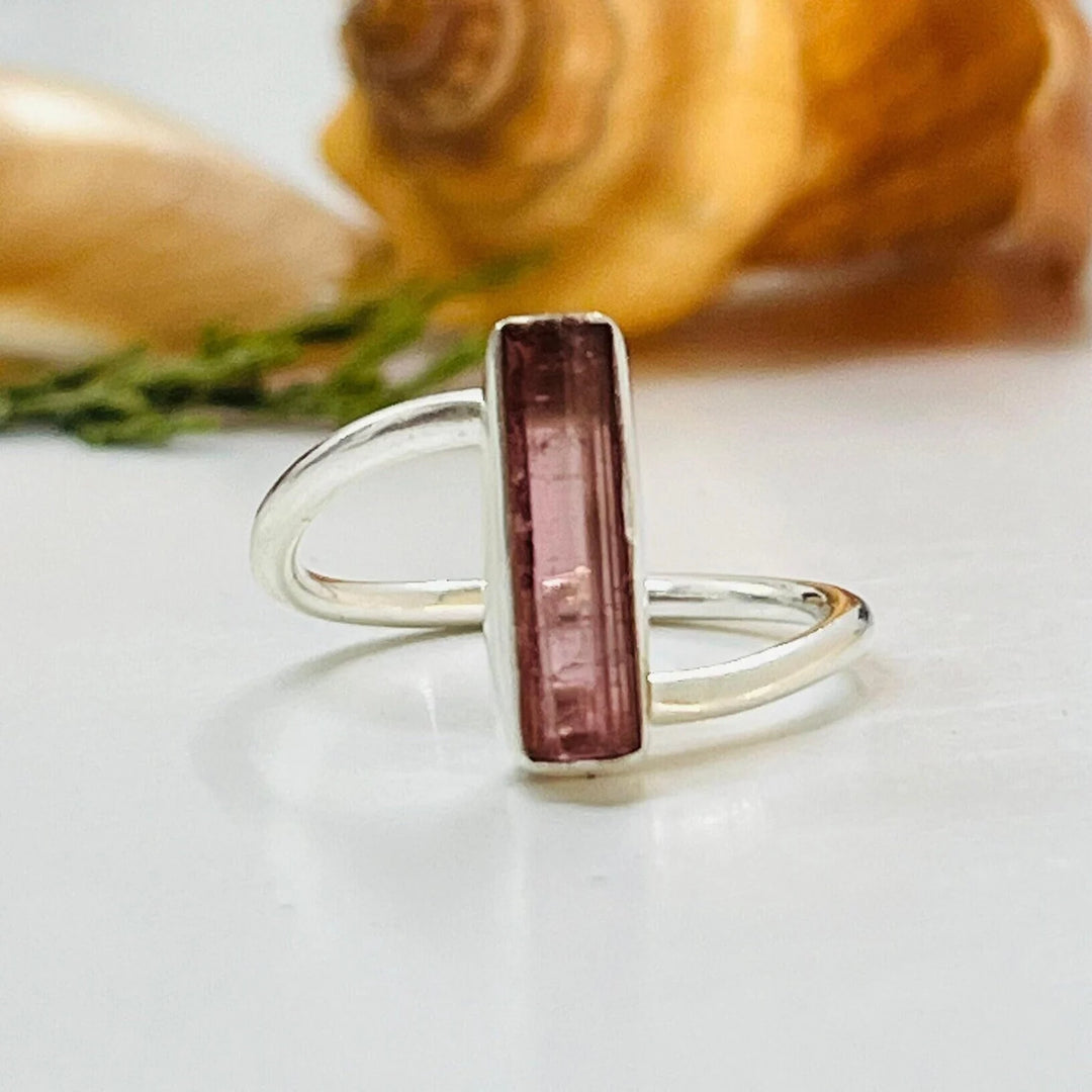 Raw Pink Tourmaline Ring: Twisted Sterling Silver Band, October Birthstone