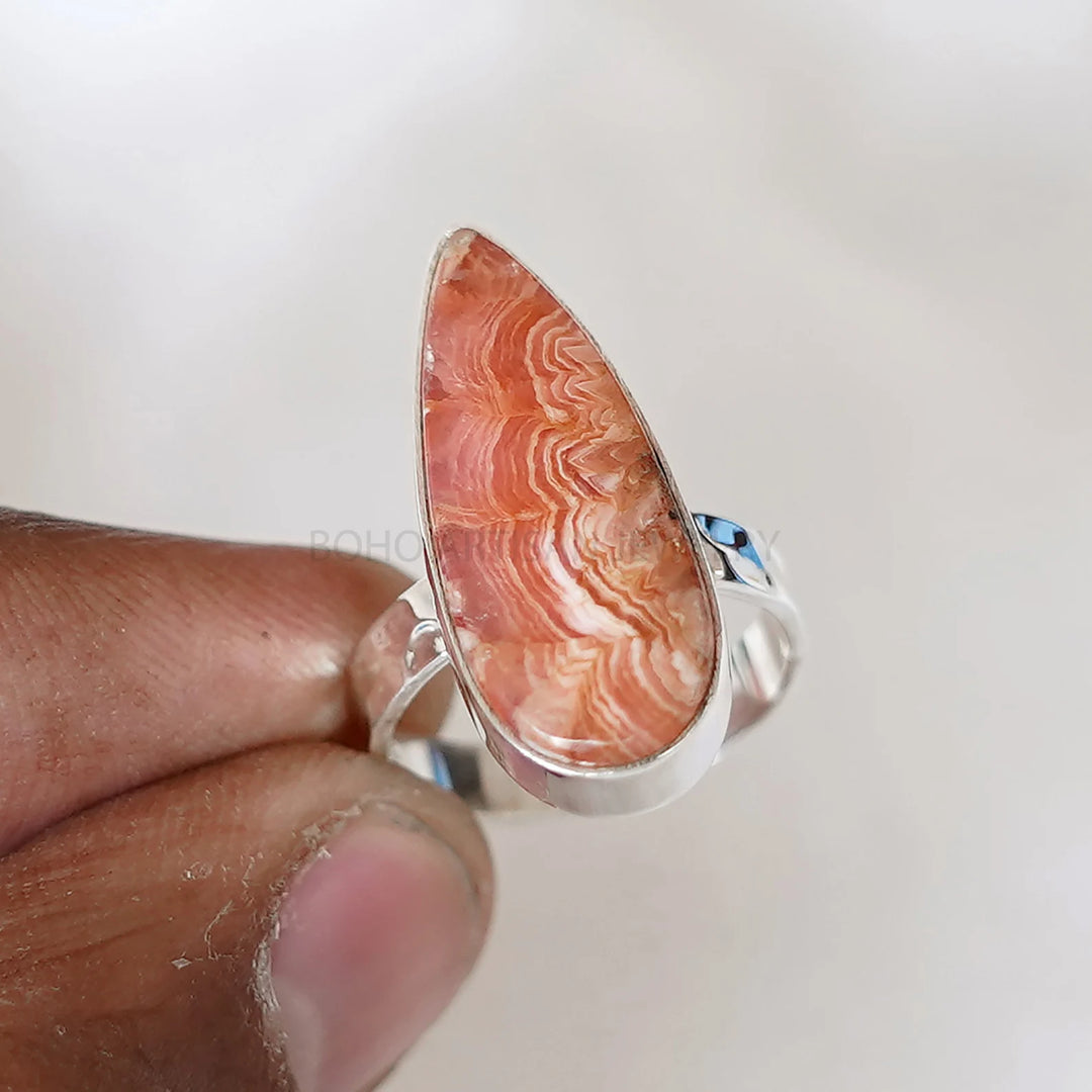 Rhodochrosite Cabochon Ring: Sterling Silver Hammered Band, Boho Jewelry