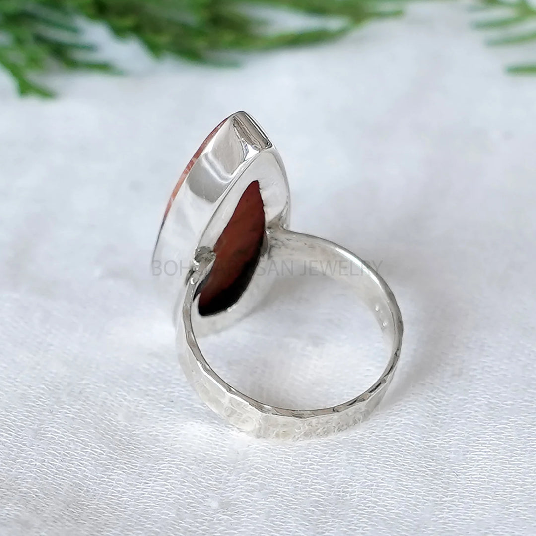 Rhodochrosite Cabochon Ring: Sterling Silver Hammered Band, Boho Jewelry